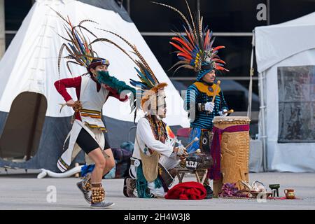 Indigenous Aztec Dancers at the Indigenous Legacy Gathering, on November 4, 2021 in Toronto, Nathan Phillips Square, Canada Stock Photo