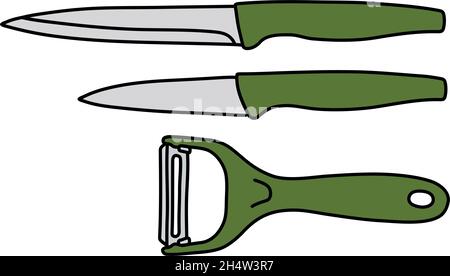 The vectorized hand drawing of a small kitchen knives set with green plastic hadles Stock Vector