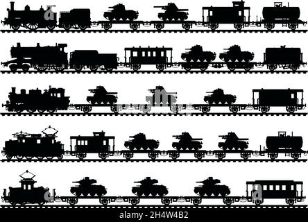 Vector illustration of five black silhouettes of vintage military  trains Stock Vector