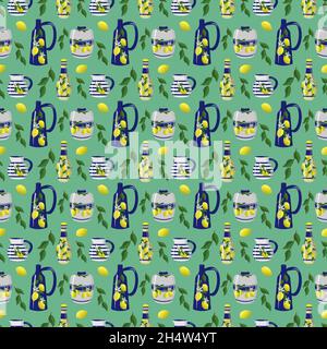 Pattern with vases, decanter and jug. Decorative pattern in Italian style with lemons. Stock Vector