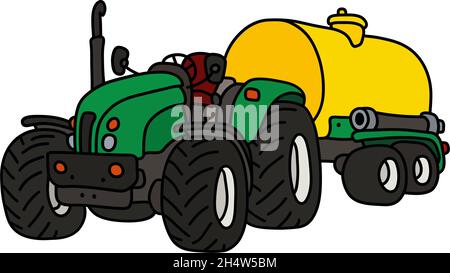 The hand drawing of a green open heavy tractor with a yellow tank trailer Stock Vector