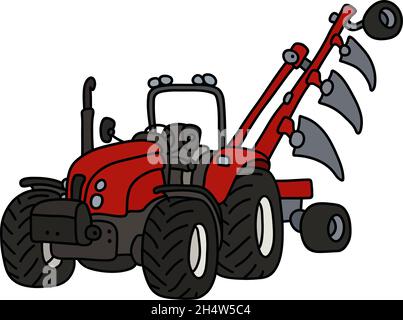 The hand drawing of a red tractor with the plow Stock Vector