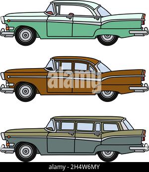 The vectorized hand drawing of three funny old big american cars Stock Vector