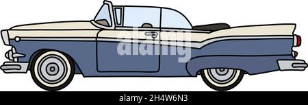 The vectorized hand drawing of a funny old blue american convertible Stock Vector