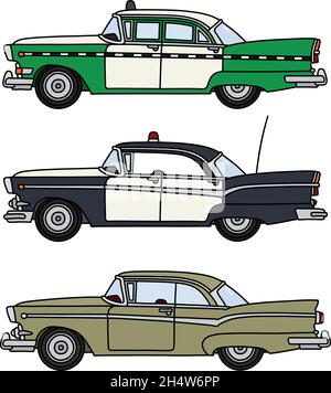 The vectorized hand drawing of three funny old american cars Stock Vector
