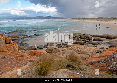 Approaching storm over Maurouard Beach, St Helens Point Stock Photo