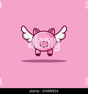 vector design. logo shape like a pink pig fly with cute face. Stock Vector