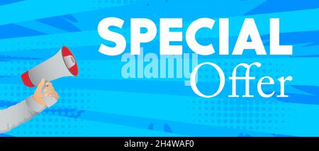 Retro megaphone with the word Special offer. Attention concept announcement. Sale, shopping, shop retail business concept. Stock Vector
