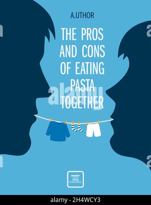 A man and a woman eat pasta face to face. Spaghetti is like a rope with drying baby clothes. Fiction or non-fiction genre. Mid century style design. A Stock Vector