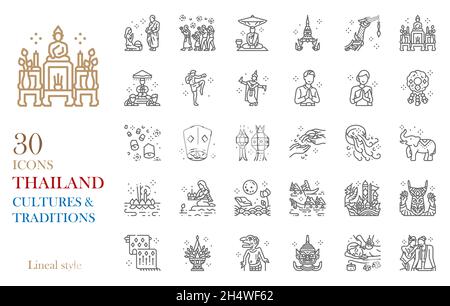 Thailand line icon set vector illustration in cultures,traditions,arts and charming lifestyle concept.Included Loi Krathong festival,monk ordination,b Stock Vector