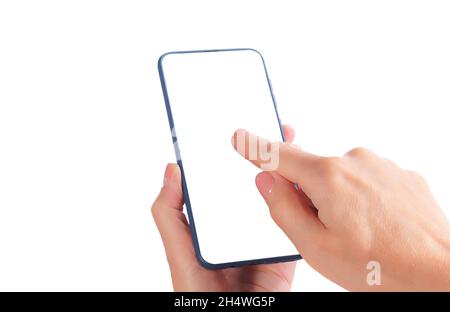 Smartphone in women's hand isolated on white background. Mock up of using of communication device and gadgets Stock Photo