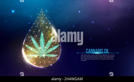 Cannabis oil concept. Low poly hemp in oil drop. Marijuana leaf wireframe light connection structure, polygonal graphic. Vector illustration.