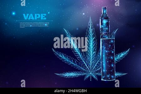 Vaping pen device kit and mod wireframe. Poster template with glowing low poly vaping box. Futuristic modern abstract. Isolated on dark blue background Stock Vector