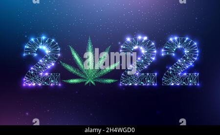 Happy new year 2022 greeting card with cannabis leaf. Low poly style design. Numbers from a polygonal wireframe mesh. Abstract vector illustration on Stock Vector