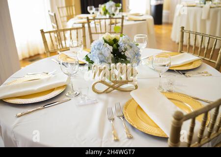 Table with beautiful decorations for a wedding ceremony Stock Photo
