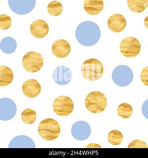Abstract fashion grunge polka dots background. White seamless pattern with blue, golden textured circles. Template design for invitation, poster Stock Vector