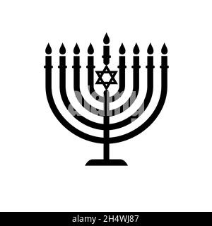 Hanukkah menorah emblem with magen David star. Jewish holiday Hanukkah greeting card. Chanukah traditional black symbol menorah candles lights. Vector Stock Vector