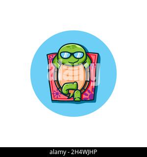 vector illustration. a cute turtle relaxing with his glasses on the mat. cartoon and animal character style. Stock Vector