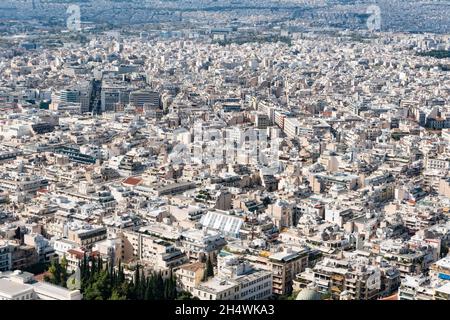 Dense living and architecture in Athens, Greece. Residential district with a lot of houses and real estate in the South of Europe. Stock Photo