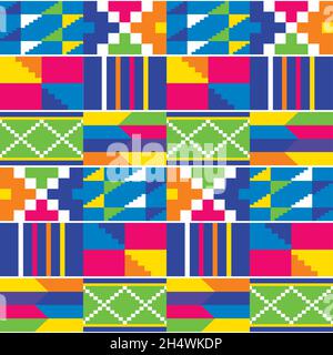Tribal african dress style geometric seamless vector pattern, inspired by Kente nwentoma designs from Ghana in yellow, green, orange, blue Stock Vector