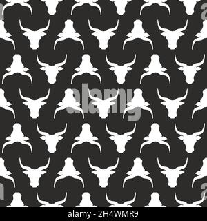 Seamless ornament with bull head. Ox, cow pattern. Farm Animal. Beef, milk, lactose wallpaper. Vector illustration isolated on brown background Stock Vector