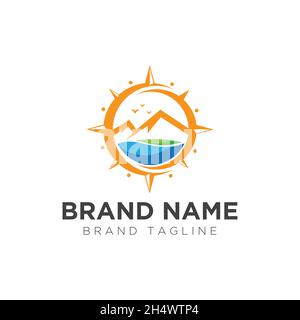 vector illustrations. logo shape like a collaboration of natural mountain and compass. natural adventure outdoor. Stock Vector