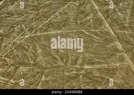 The Condor geoglyph figure in the peruvian coastal desert known as the mysterious Nazca Lines, Nazca City, Peru. Stock Photo