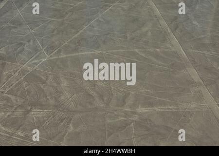 The Condor geoglyph figure in the peruvian coastal desert known as the mysterious Nazca Lines, Nazca City, Peru. Stock Photo