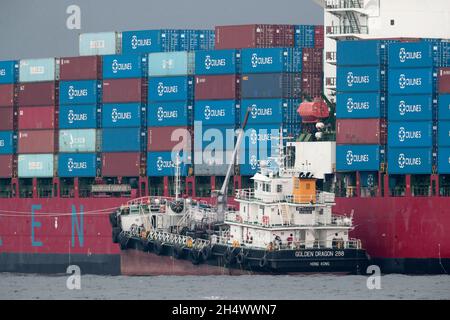 Container Ship, close-up, at anchor south of Hong Kong 17 Oct 2021 Stock Photo