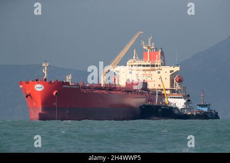 Grand Winner 2, Oil/Chemical Tanker (Cargo Ship), at anchor south of Hong Kong, China 17 Oct 2021 Stock Photo