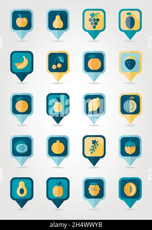 Fruits mapping pins icons with long shadow, eps 10 Stock Vector