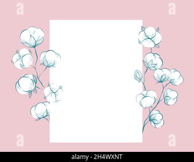 Square delicate card with sketches of cotton plant and stems, copy space on pink background. Vector gentle outline herbal template with stems, fluffy Stock Vector