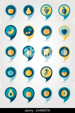 Fruits mapping pins icons with long shadow, eps 10 Stock Vector