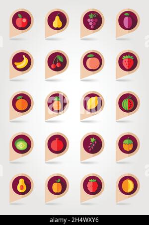 Fruits mapping pins icons with long shadow, eps 10 Stock Vector