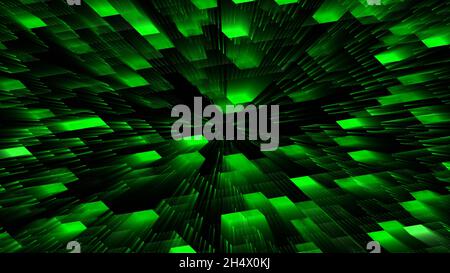 Abstract graphic background in green design - glowing random blocks in changing colors arranged on different planes focusing towards into the center Stock Photo