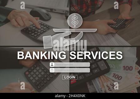 Banking services concept illustrated by pictures on background Stock Photo