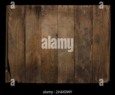 Wood texture isolated on black. Weathered rustic wood background from aged old planks with rusty nails. Stock Photo