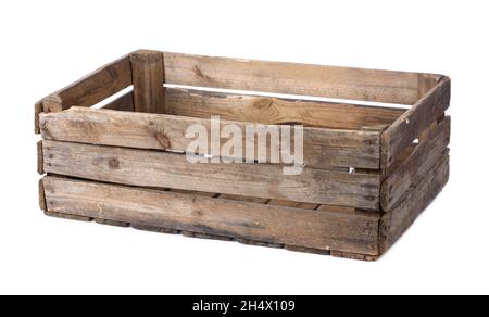 Wooden crate isolated on white background. Old empty vintage wood box. Stock Photo