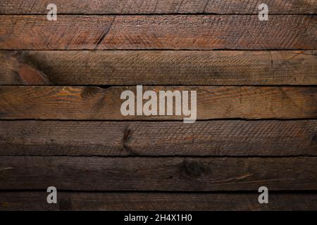 Rustic wooden table background made from old planks, top view. Stock Photo