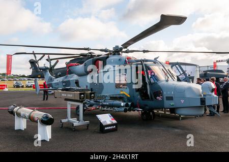 AgustaWestland AW159 Wildcat AH1 helicopter ZZ386 at Farnborough International Airshow trade fair 2014, UK. British Army, Army Air Corps AH1 weapons