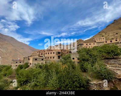 Panorama of beautiful Berber village in the High Atlas Mountains. Imlil valley, Morocco. Stock Photo