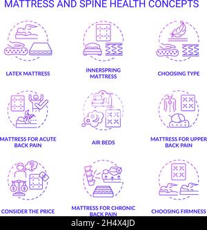 Mattress and spine health purple gradient concept icons set Stock Vector