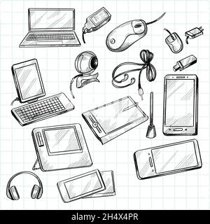 Hand drawn device tablet, pc, laptop, smart phone doodle sketch set design Stock Vector
