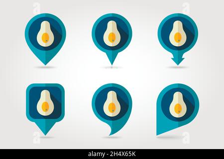 Avocado mapping pins icons with long shadow, eps 10 Stock Vector