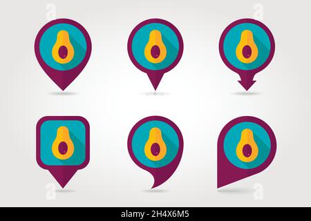 Avocado mapping pins icons with long shadow, eps 10 Stock Vector