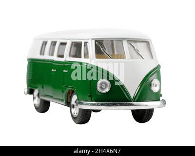 Close up of green mini van toy isolated vintage perspective view Stock Photo