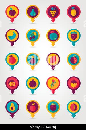 Fruits mapping pins icons with long shadow, eps 10 Stock Vector