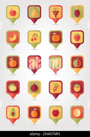 Fruits mapping pins icons with long shadow, eps 10 Stock Vector