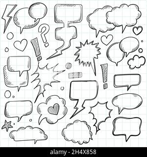 A set of comic speech bubbles and elements hand draw sketch design Stock Vector