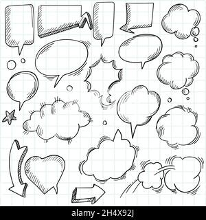 A set of comic speech bubbles and elements hand draw sketch design Stock Vector